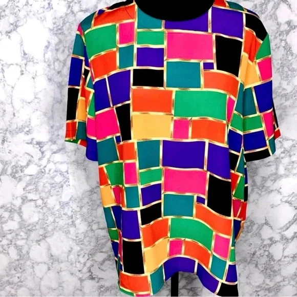 ⭐️ Kathy Che 80s Color Block Geometric Lightweight Boxy Blouse Women’s Large - Picture 2 of 8